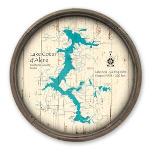 Lake Coeur D Alene ID Map on a Barrel End by Lake Art (© Lake Art LLC) Product Thumbnail